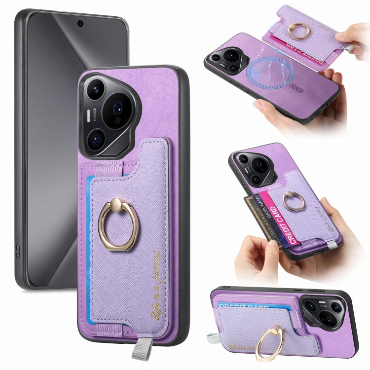 For Huawei Pura 70 Pro Retro Magsafe Cross Leather Ring Holder Card Bag Phone Case(Purple) - Huawei Cases by PMC Jewellery | Online Shopping South Africa | PMC Jewellery | Buy Now Pay Later Mobicred