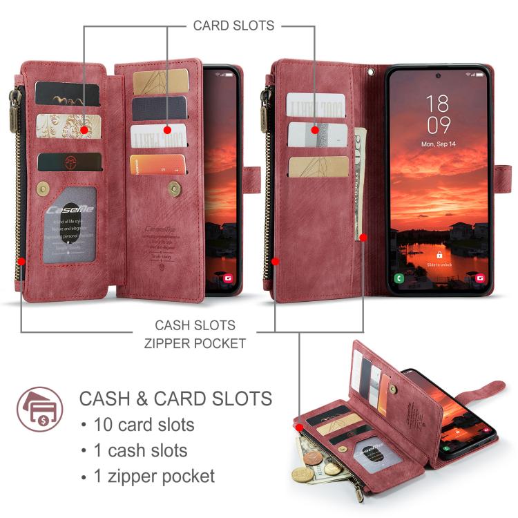 For Samsung Galaxy S25+ 5G CaseMe C30 Card Slots Zipper Wallet Leather Phone Case(Red) - Galaxy S25+ 5G Cases by CaseMe | Online Shopping South Africa | PMC Jewellery | Buy Now Pay Later Mobicred