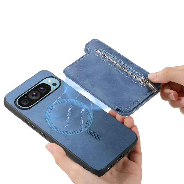 For Google Pixel 8a Retro MagSafe Zipper Wallet Card Bag Back Phone Case(Blue) - free shipping - PMC TechLife - Order now!
