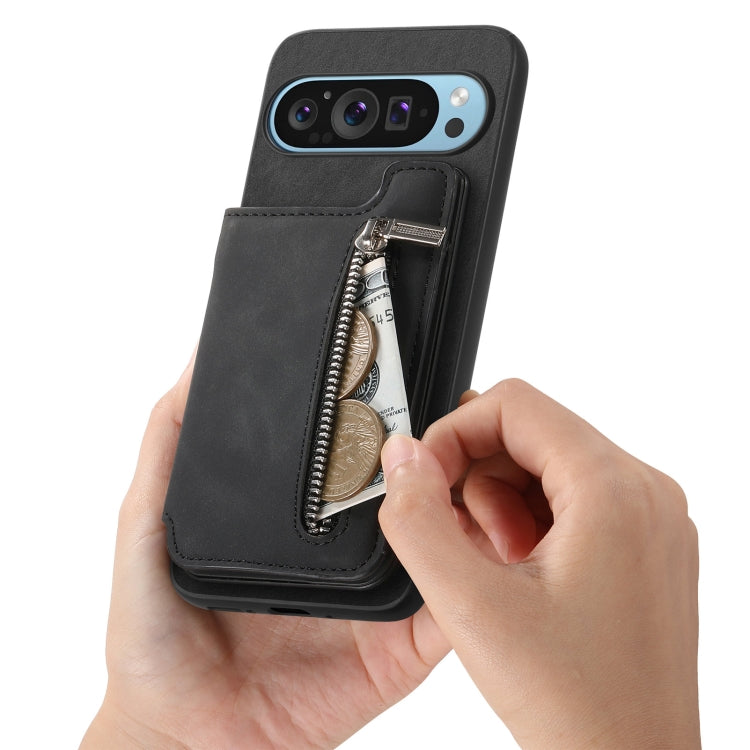 For Google Pixel 8a Retro MagSafe Zipper Wallet Card Bag Back Phone Case(Black) - Google Cases by PMC TechLife | Online Shopping South Africa | PMC TechLife | Buy Now Pay Later Mobicred