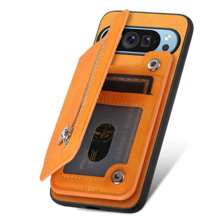 For Google Pixel 8 Pro Retro MagSafe Zipper Wallet Card Bag Back Phone Case(Yellow) - Google Cases by PMC TechLife | Online Shopping South Africa | PMC TechLife | Buy Now Pay Later Mobicred