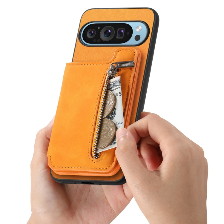 For Google Pixel 8 Pro Retro MagSafe Zipper Wallet Card Bag Back Phone Case(Yellow) - Google Cases by PMC TechLife | Online Shopping South Africa | PMC TechLife | Buy Now Pay Later Mobicred