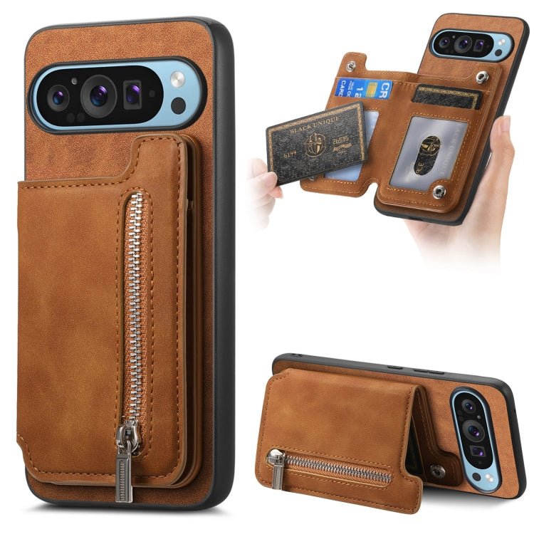 For Google Pixel 8 Pro Retro MagSafe Zipper Wallet Card Bag Back Phone Case(Brown) - Google Cases by PMC TechLife | Online Shopping South Africa | PMC TechLife | Buy Now Pay Later Mobicred