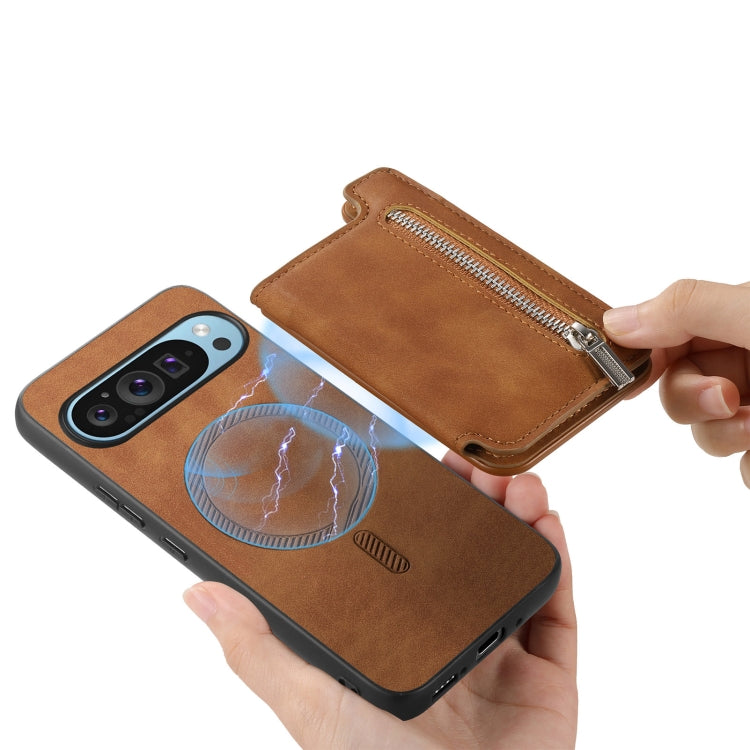 For Google Pixel 8 Pro Retro MagSafe Zipper Wallet Card Bag Back Phone Case(Brown) - Google Cases by PMC TechLife | Online Shopping South Africa | PMC TechLife | Buy Now Pay Later Mobicred