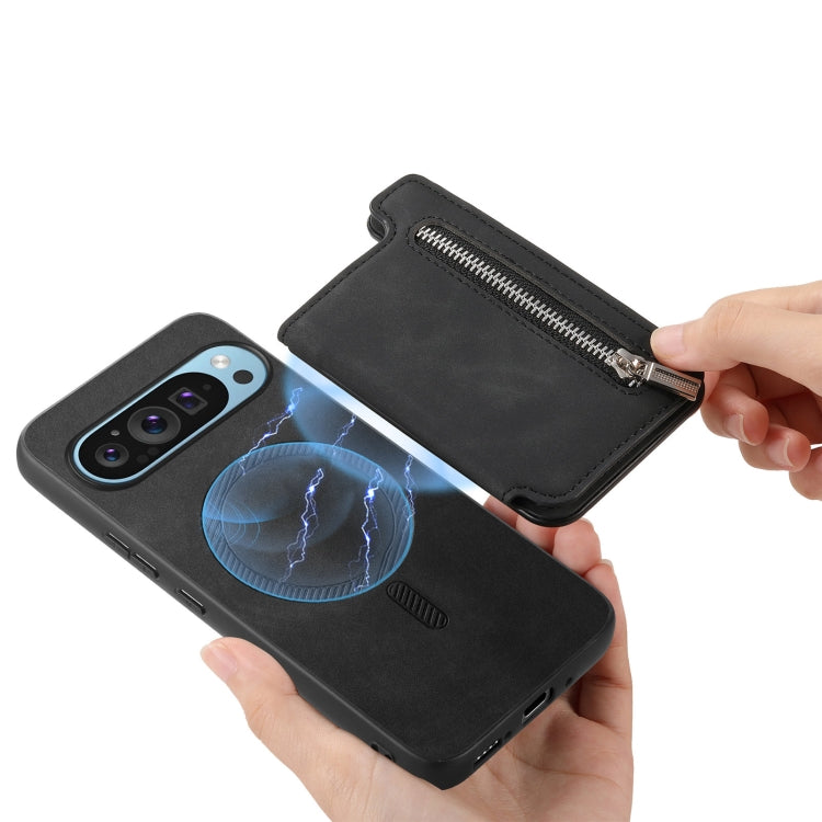 For Google Pixel 7a Retro MagSafe Zipper Wallet Card Bag Back Phone Case(Black) - Google Cases by PMC TechLife | Online Shopping South Africa | PMC TechLife | Buy Now Pay Later Mobicred