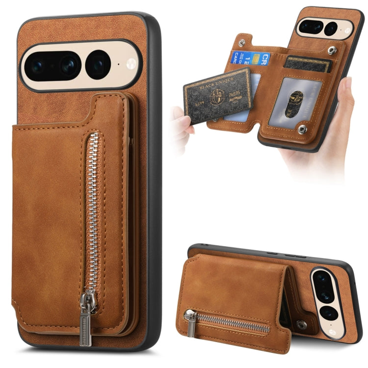 For Google Pixel 7 Pro Retro MagSafe Zipper Wallet Card Bag Back Phone Case(Brown) - Google Cases by PMC TechLife | Online Shopping South Africa | PMC TechLife | Buy Now Pay Later Mobicred