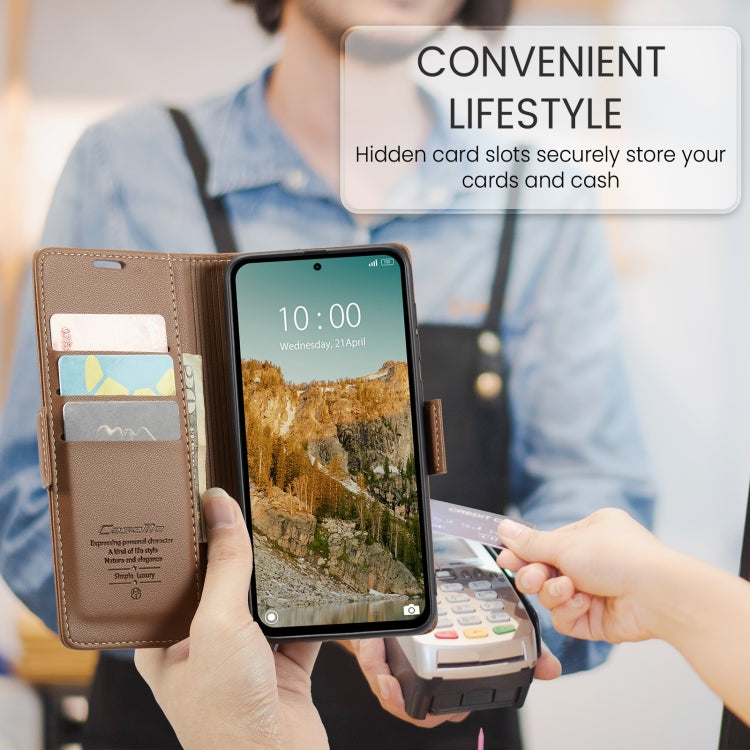 For Redmi Note 14 5G CaseMe 023 Butterfly Buckle Litchi Texture RFID Anti-theft Leather Phone Case(Brown) - Note 14 Cases by CaseMe | Online Shopping South Africa | PMC Jewellery | Buy Now Pay Later Mobicred