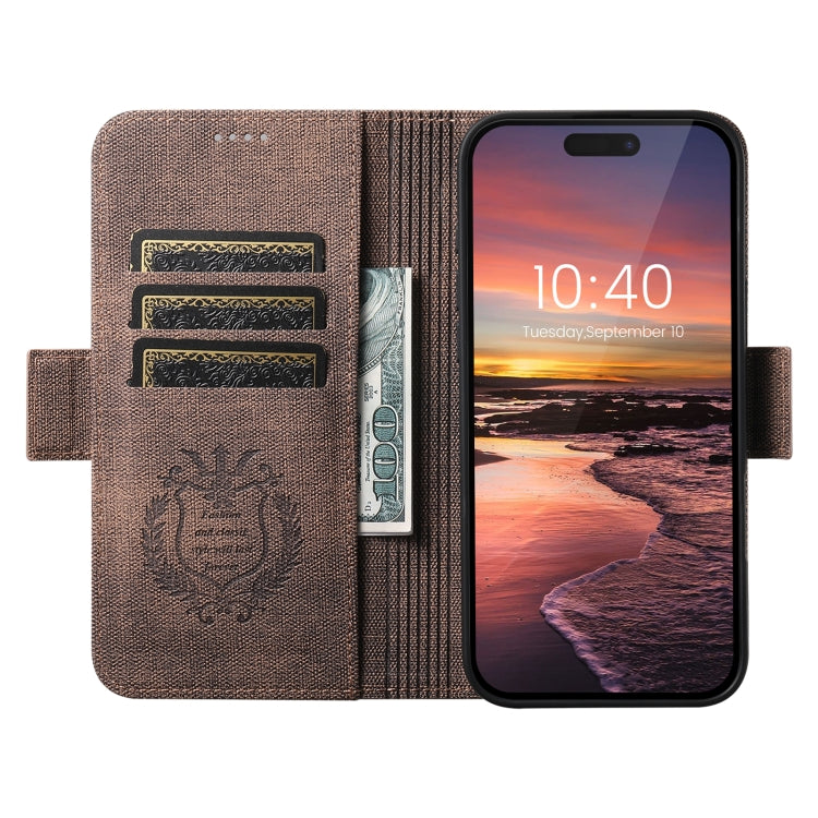 For iPhone 16 Plus Suteni J07 Multi-functional Horizontal MagSafe Denim Leather Phone Case(Brown) - iPhone 16 Plus Cases by Suteni | Online Shopping South Africa | PMC Jewellery | Buy Now Pay Later Mobicred