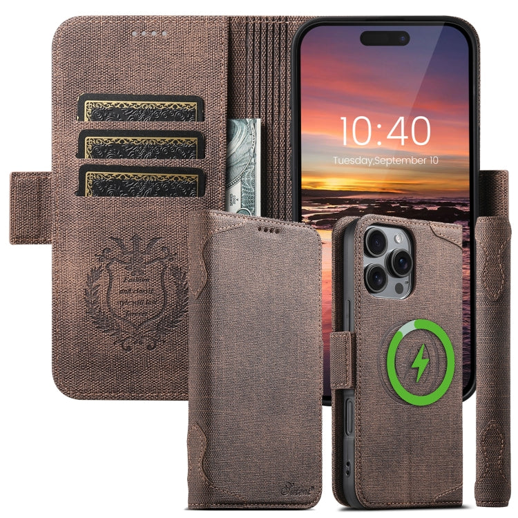 For iPhone 16 Pro Suteni J07 Multi-functional Horizontal MagSafe Denim Leather Phone Case(Brown) - iPhone 16 Pro Cases by Suteni | Online Shopping South Africa | PMC Jewellery | Buy Now Pay Later Mobicred