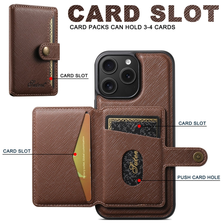 For iPhone 16 Pro Suteni H20 Cross-Grain MagSafe Horizontal Card Bag Back Phone Case(Brown) - iPhone 16 Pro Cases by Suteni | Online Shopping South Africa | PMC Jewellery | Buy Now Pay Later Mobicred