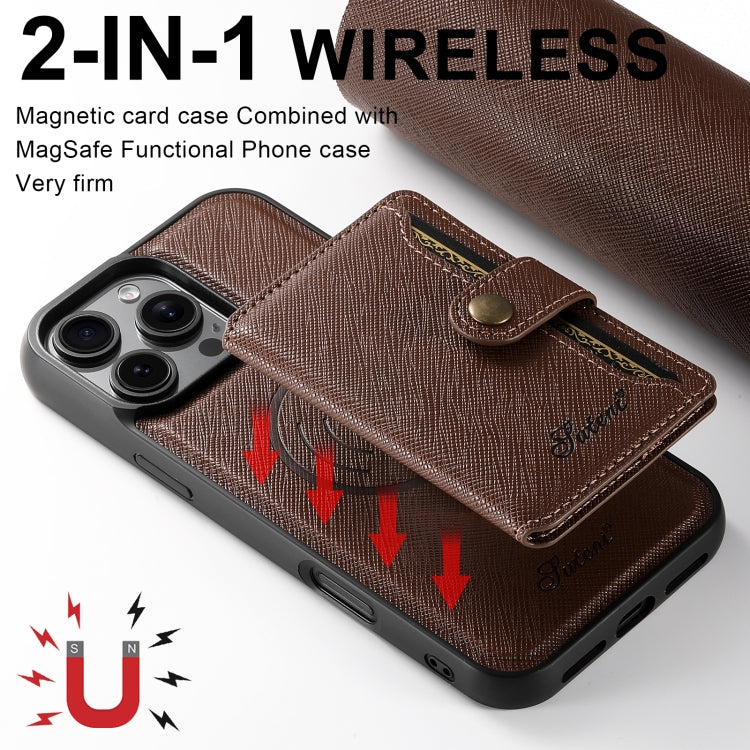 For iPhone 16 Pro Suteni H20 Cross-Grain MagSafe Horizontal Card Bag Back Phone Case(Brown) - iPhone 16 Pro Cases by Suteni | Online Shopping South Africa | PMC Jewellery | Buy Now Pay Later Mobicred