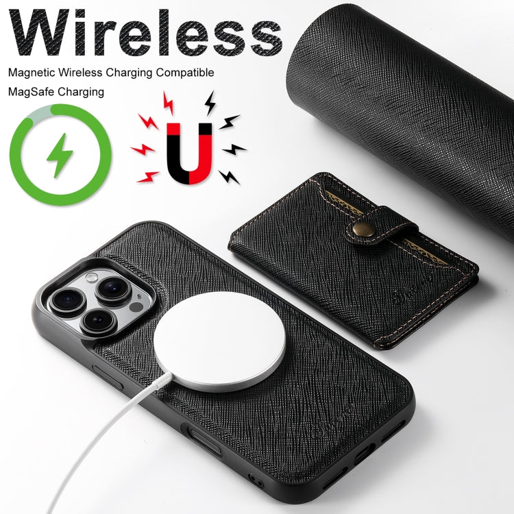 For iPhone 16 Plus Suteni H20 Cross-Grain MagSafe Horizontal Card Bag Back Phone Case(Black) - iPhone 16 Plus Cases by Suteni | Online Shopping South Africa | PMC Jewellery | Buy Now Pay Later Mobicred