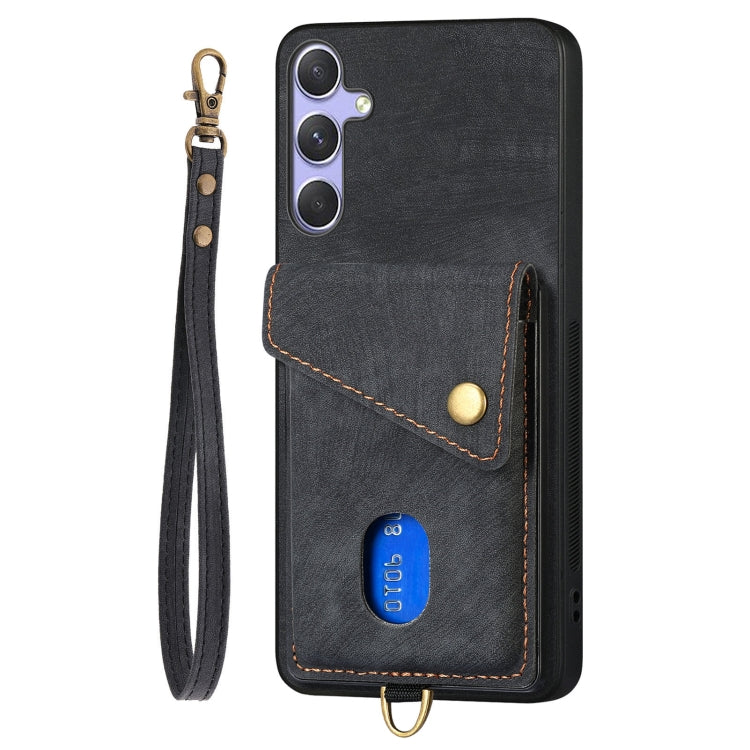 For Samsung Galaxy S25 5G Retro Card Wallet Fold Leather Phone Case with Strap(Black) - Galaxy S25 5G Cases by PMC Jewellery | Online Shopping South Africa | PMC Jewellery | Buy Now Pay Later Mobicred