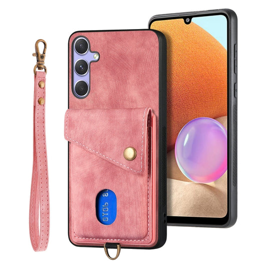 For Samsung Galaxy S25 5G Retro Card Wallet Fold Leather Phone Case with Strap(Pink) - Galaxy S25 5G Cases by PMC Jewellery | Online Shopping South Africa | PMC Jewellery | Buy Now Pay Later Mobicred