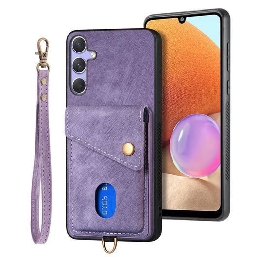 For Samsung Galaxy S25+ 5G Retro Card Wallet Fold Leather Phone Case with Strap(Purple) - Galaxy S25+ 5G Cases by PMC Jewellery | Online Shopping South Africa | PMC Jewellery | Buy Now Pay Later Mobicred