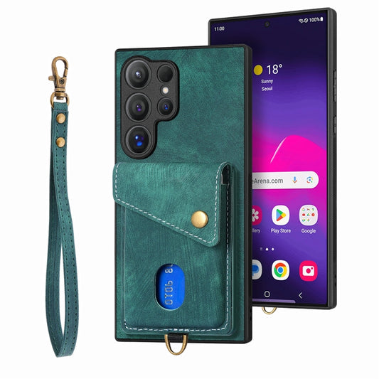 For Samsung Galaxy S25 Ultra 5G Retro Card Wallet Fold Leather Phone Case with Strap(Green) - Galaxy S25 Ultra 5G Cases by PMC Jewellery | Online Shopping South Africa | PMC Jewellery | Buy Now Pay Later Mobicred