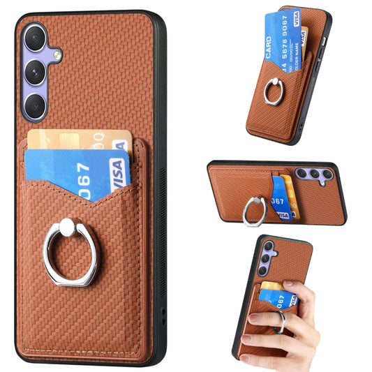 For Samsung Galaxy S25+ 5G Carbon Fiber Card Wallet Ring Phone Case(Brown) - Galaxy S25+ 5G Cases by PMC Jewellery | Online Shopping South Africa | PMC Jewellery | Buy Now Pay Later Mobicred