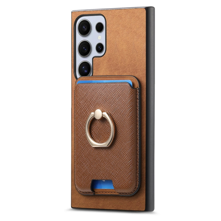 For Samsung Galaxy S25 Ultra 5G Retro Cross Leather Ring Vertical Insert Card Bag MagSafe Phone Case(Brown) - Galaxy S25 Ultra 5G Cases by PMC Jewellery | Online Shopping South Africa | PMC Jewellery | Buy Now Pay Later Mobicred