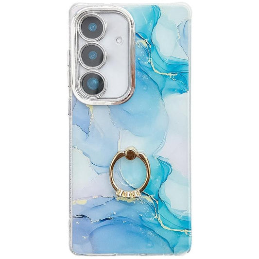 For Samsung Galaxy S25+ 5G Electroplated Marble Texture Ring Holder Phone Case(Blue Green S9) - Galaxy S25+ 5G Cases by PMC Jewellery | Online Shopping South Africa | PMC Jewellery | Buy Now Pay Later Mobicred