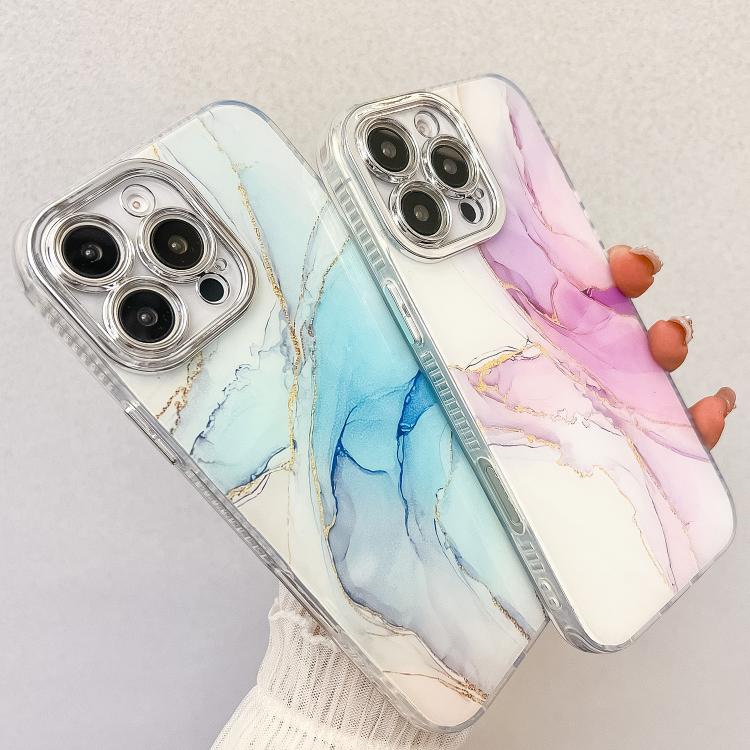 For iPhone 16e Electroplated Marble Texture Phone Case(Dark Blue M16) - iPhone 16e Cases by PMC TechLife | Online Shopping South Africa | PMC TechLife | Buy Now Pay Later Mobicred