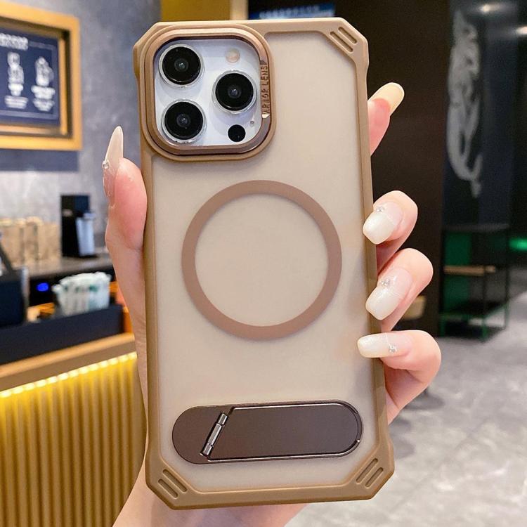 For iPhone 15 Pro Skin Feel Frameless MagSafe PC Phone Case with Fold Holder(Desert Gold) - free shipping - PMc TechLife - Order now!