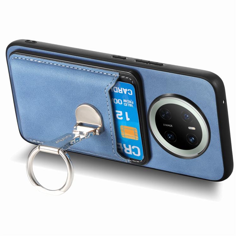 For Huawei Mate 70 Retro Folding Ring Holder Card Bag MagSafe Phone Case(Blue) - Huawei Cases by PMC TechLife | Online Shopping South Africa | PMC TechLife | Buy Now Pay Later Mobicred