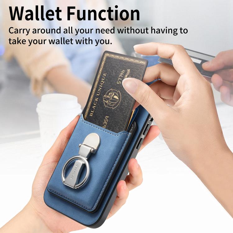 For Huawei Mate 70 Retro Folding Ring Holder Card Bag MagSafe Phone Case(Blue) - Huawei Cases by PMC TechLife | Online Shopping South Africa | PMC TechLife | Buy Now Pay Later Mobicred