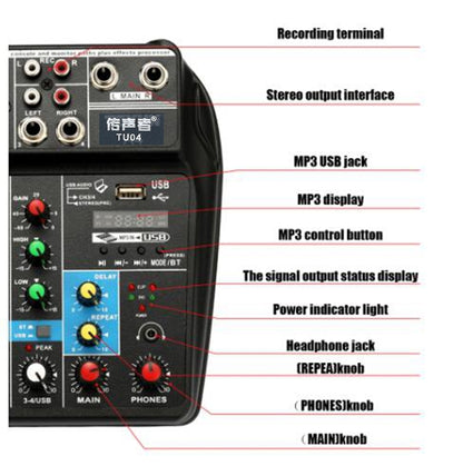 TU04 BT Sound Mixing Console Record 48V Phantom Power Monitor AUX Paths Plus Effects 4 Channels Audio Mixer with USB(Black) - Live Sound Effects Processors by PMC Jewellery | Online Shopping South Africa | PMC Jewellery | Buy Now Pay Later Mobicred