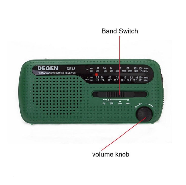 DE13 Hand-Cranked Power Full Band Solar Charging Emergency Outdoor Radio(Green) - Radio Player by PMC Jewellery | Online Shopping South Africa | PMC Jewellery | Buy Now Pay Later Mobicred