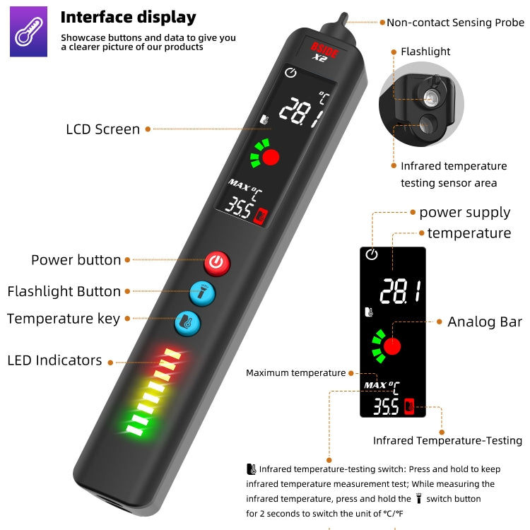 BSIDE X2 Three-Mode Smart Multimeter Electric Pen Infrared Thermometer with Flashlight Lighting - Digital Multimeter by BSIDE | Online Shopping South Africa | PMC Jewellery | Buy Now Pay Later Mobicred