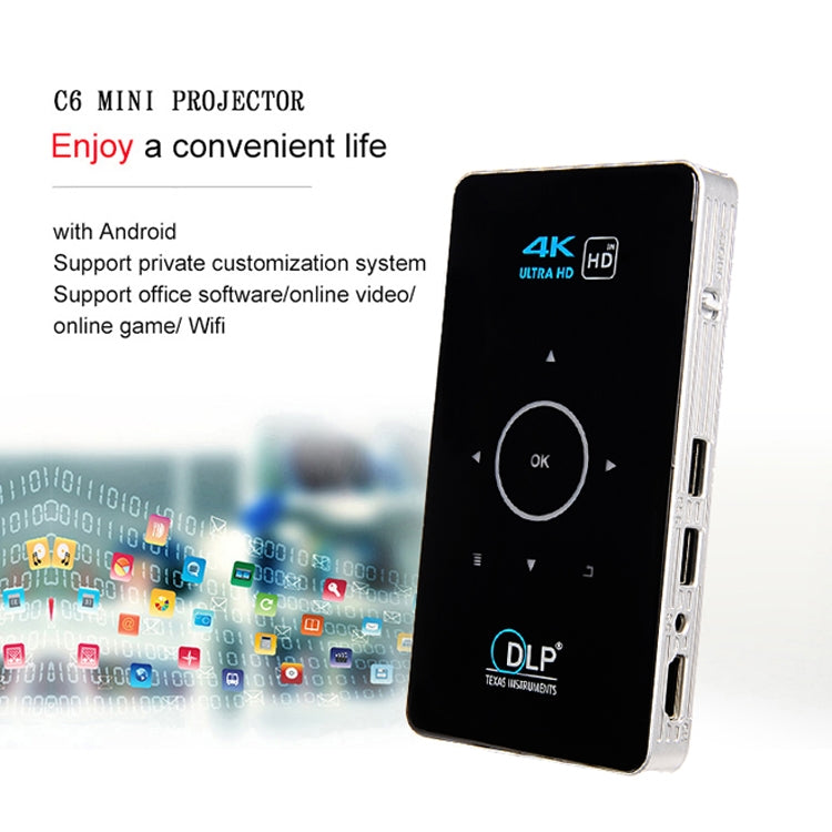 C6 1G+8G Android System Intelligent DLP HD Mini Projector Portable Home Mobile Phone Projector， EU Plug (Black) - Mini Projector by PMC Jewellery | Online Shopping South Africa | PMC Jewellery | Buy Now Pay Later Mobicred