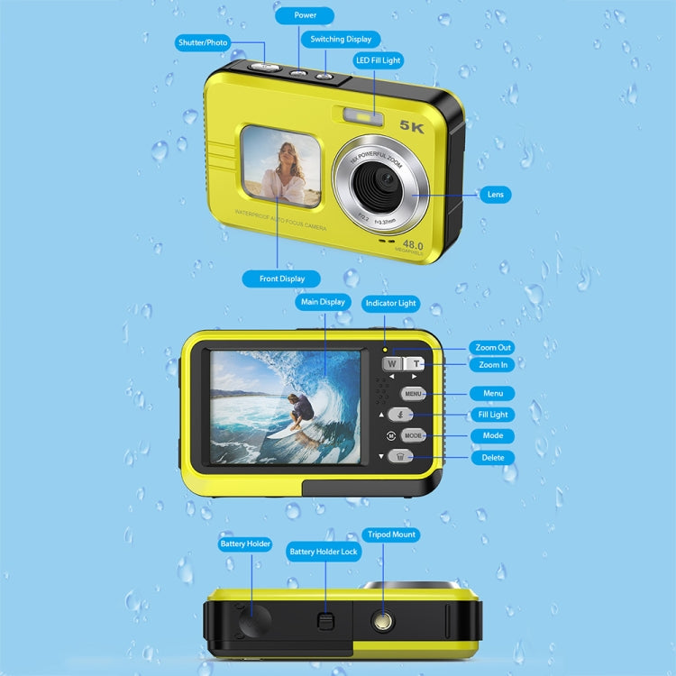 WDC901 3.5m Waterproof 48MP HD Dual Screen Outdoor Sports Digital Camera EU Plug(Yellow) - Children Cameras by PMC Jewellery | Online Shopping South Africa | PMC Jewellery | Buy Now Pay Later Mobicred