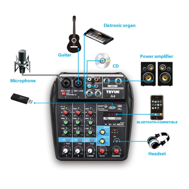 TEYUN A4 4-way Small Microphone Digital Mixer Live Recording Effector(US Plug) - Live Sound Effects Processors by TEYUN | Online Shopping South Africa | PMC Jewellery | Buy Now Pay Later Mobicred