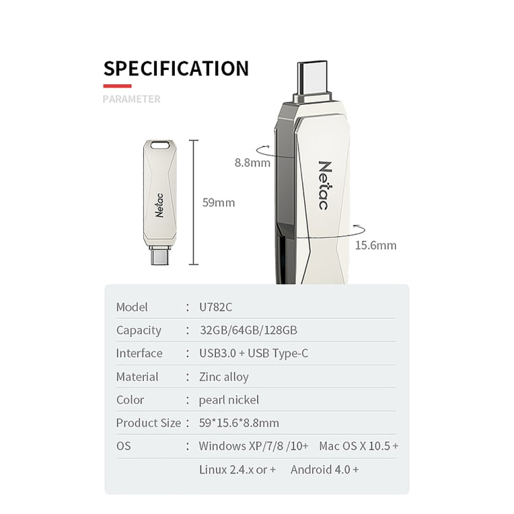 Netac U782C Type-C Dual Interface High-Speed Metal Computer USB Flash Drive, Capacity: 128GB - USB Flash Drives by Netac | Online Shopping South Africa | PMC Jewellery | Buy Now Pay Later Mobicred