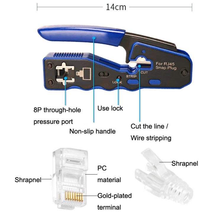 Rj45 8P Through-hole Crystal Head Connector Jacket Network Tool Stripping Wire Cable Pliers Set(Blue) - Lan Cable and Tools by PMC Jewellery | Online Shopping South Africa | PMC Jewellery