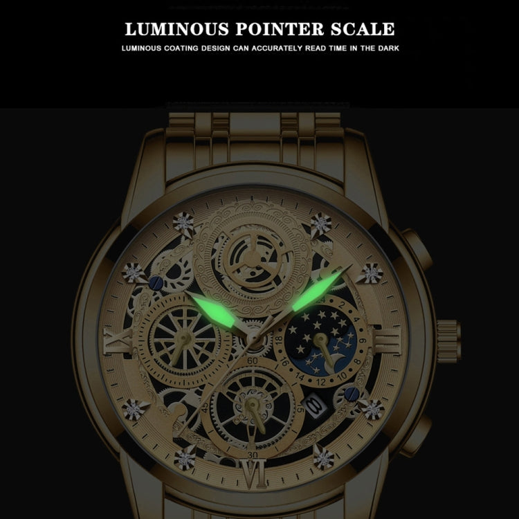 BINBOND 4010 Multifunctional Waterproof Hollowed Luminous Quartz Watch(Inter-gold Black Surface) - free shipping - PMC TechLife - Order now!