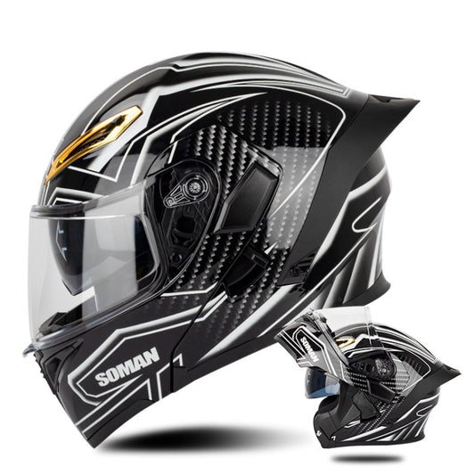 SOMAN Motorcycle Dual Lens Riding Peel-Off Full Coverage Helmet, Size: XL(Bright Black White) - Helmets by SOMAN | Online Shopping South Africa | PMC Jewellery | Buy Now Pay Later Mobicred