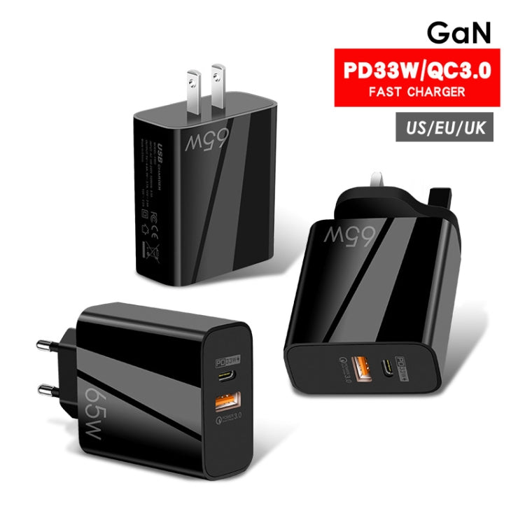 A502 65W USB-C/Type-C+USB Dual Port GaN Charger QC3.0 Laptop Universal Charger UK Plug Black - USB Charger by PMC Jewellery | Online Shopping South Africa | PMC Jewellery | Buy Now Pay Later Mobicred