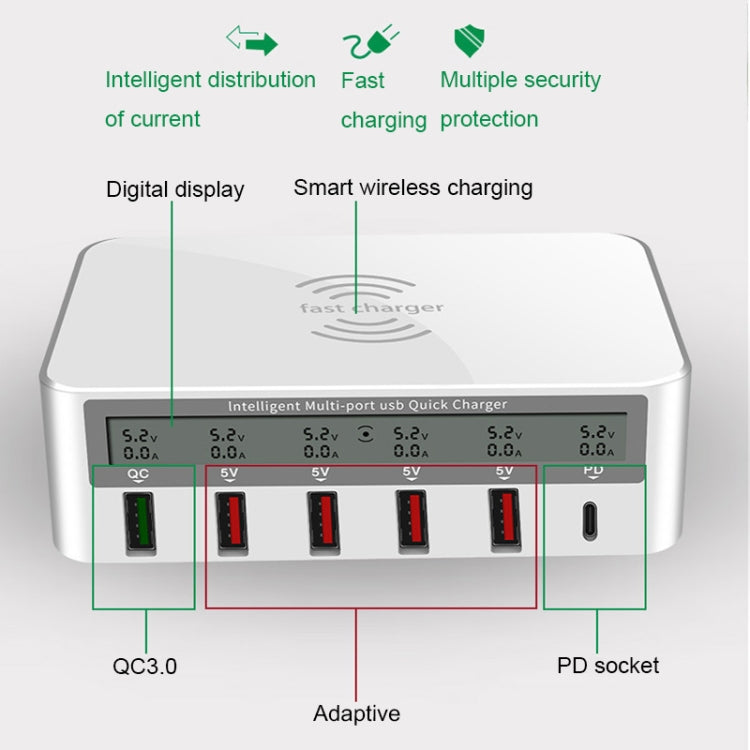 818PF 5 USB Ports + Type-C Smart Digital Display Wireless Phone Charger, Style: UK Plug (Black) - Multifunction Charger by PMC Jewellery | Online Shopping South Africa | PMC Jewellery | Buy Now Pay Later Mobicred