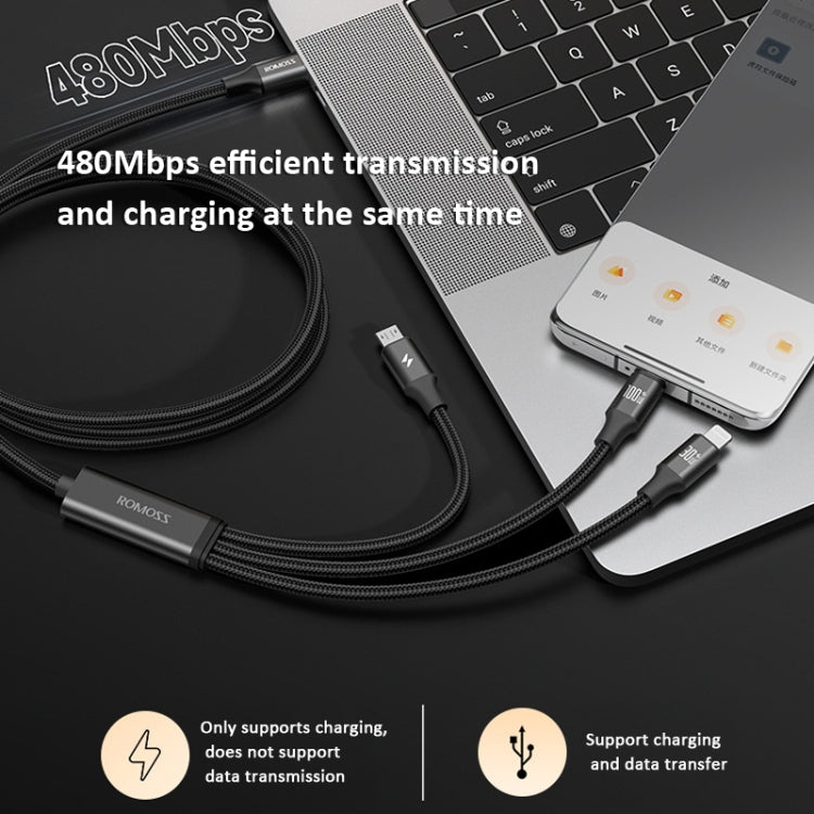 ROMOSS PD100W 3-In-1 Data Cable Type-C/USB-C To 8 Pin & Type-C & Micro Fast Charging Line 1.5m(Black) - Multifunction Cable by ROMOSS | Online Shopping South Africa | PMC Jewellery | Buy Now Pay Later Mobicred