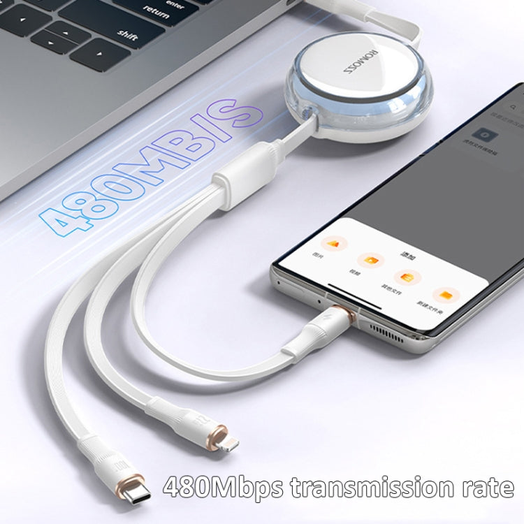 ROMOSS PD100W 3-In-1 Retractable Data Cable Type-C/USB-C To 8 Pin & Type-C & Micro Line 1.1m(Blue) - Multifunction Cable by ROMOSS | Online Shopping South Africa | PMC Jewellery | Buy Now Pay Later Mobicred