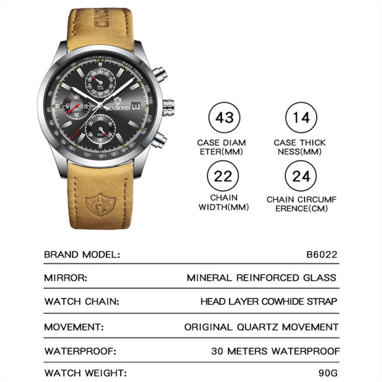 BINBOND B6022 30m Waterproof Luminous Multifunctional Quartz Watch, Color: White Steel-Blue - Metal Strap Watches by BINBOND | Online Shopping South Africa | PMC Jewellery