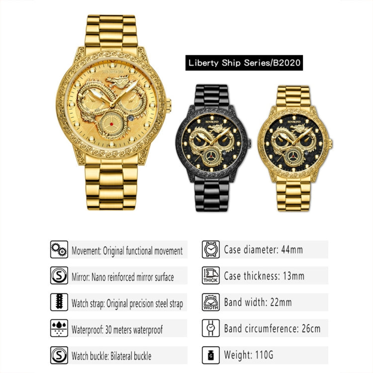 BINBOND B3030 Embossed Dragon Luminous Waterproof Quartz Watch, Color: Full-gold Gold - Metal Strap Watches by BINBOND | Online Shopping South Africa | PMC Jewellery | Buy Now Pay Later Mobicred