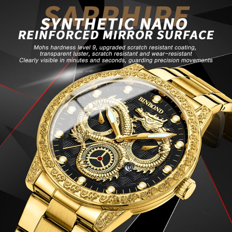 BINBOND B3030 Embossed Dragon Luminous Waterproof Quartz Watch, Color: Full-gold Black - Metal Strap Watches by BINBOND | Online Shopping South Africa | PMC Jewellery