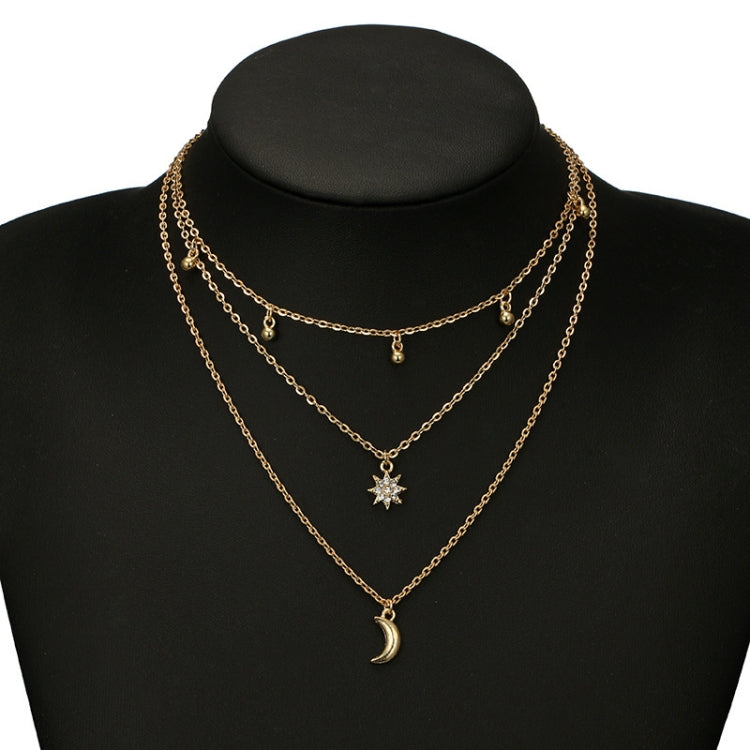 Versatile Round Beads Tassel Collarbone Chain Diamonds Eight-Pointed Star Moon Pendant Necklace(Gold) - Necklaces & Pendants by PMC Jewellery | Online Shopping South Africa | PMC Jewellery