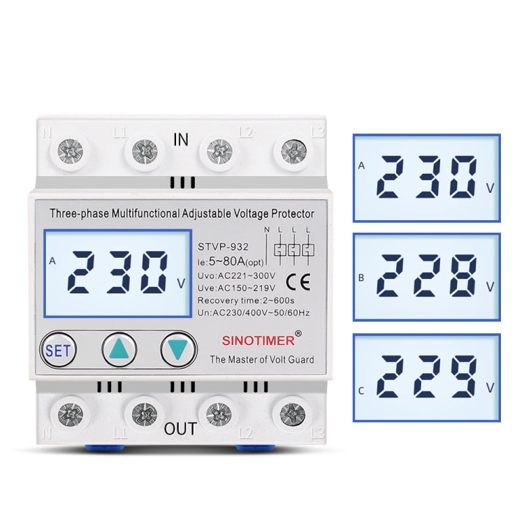 SINOTIMER STVP-932 50A 3-phase 380V LCD Self-resetting Adjustable Surge Voltage Protector - Other Tester Tool by SINOTIMER | Online Shopping South Africa | PMC Jewellery | Buy Now Pay Later Mobicred