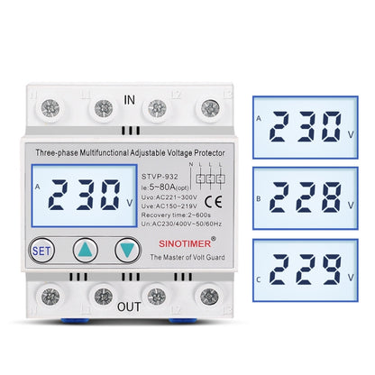 SINOTIMER STVP-932 63A 3-phase 380V LCD Self-resetting Adjustable Surge Voltage Protector - Other Tester Tool by SINOTIMER | Online Shopping South Africa | PMC Jewellery | Buy Now Pay Later Mobicred