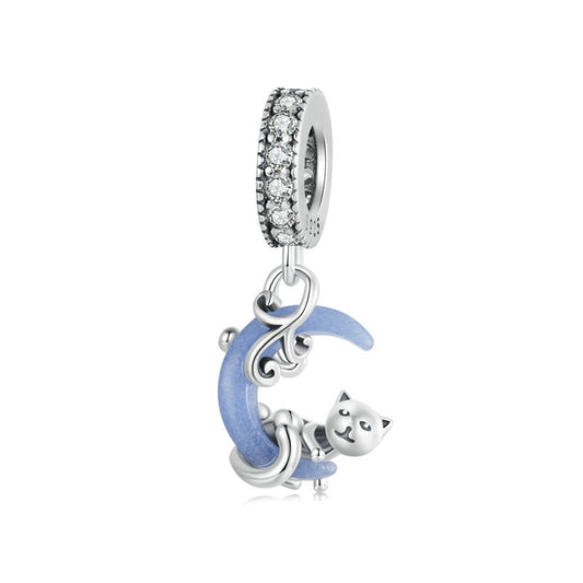 S925 Sterling Silver Luminous Cute Moon Cat DIY Pendant Beads(SCC2747) - Jewelry Accessories by PMC Jewellery | Online Shopping South Africa | PMC Jewellery