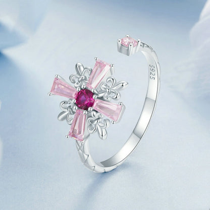 S925 Sterling Silver Platinum-plated Pink Iris Cross Open Ring(BSR526-E) - Rings by PMC Jewellery | Online Shopping South Africa | PMC Jewellery