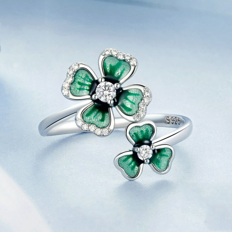 S925 Sterling Silver Platinum Plated Lucky Four-leaf Clover Open Adjustable Ring(BSR528-E) - Rings by PMC Jewellery | Online Shopping South Africa | PMC Jewellery